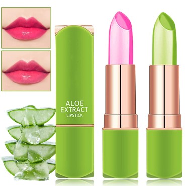 2 PCS Jelly Crystal Aloe Vera Lipstick,Magic Temperature PH Color Changing Lipstick Tinted Lip Balm Long Lasting Waterproof Nourishing Lip Gloss Lip Tint Stain Glossy Mood Lipstick Set for Women