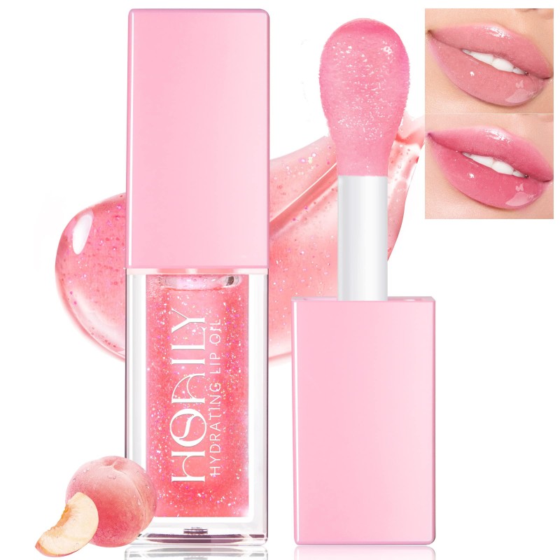 HOSAILY Hydrating Lip Glow Oil, Big Brush Head Lip Oil Tinted, Glossy Glass Nourishing Lip Gloss Plumping, Shimmer Color Changing Lip Tint Repairing Reducing Lip Lines for Dry Lip (Peach)