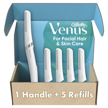 Gillette Venus Dermaplaning Tool Kit, 5 Blade Refills, Exfoliating Face Razors for Women, Eyebrow Razor, Facial Razors, Dermaplane Razor Women Face, Peach Fuzz Remover