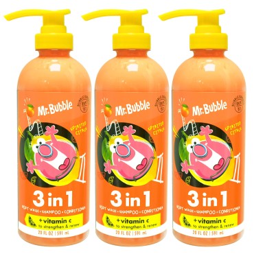 Mr. Bubble Spirited Citrus 3-in-1 Body Wash, Shampoo & Conditioner Plus Vitamin C Strengthen and Renew Hair and Body 3-Pack