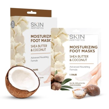 Skin Aesthetics Shea Butter & Coconut Foot Masks Moisturizing Socks - Moisturizes Tired, Dry & Cracked Feet, Exfoliating Hydrating Foot Mask - Cruelty Free Korean Skin Care - All Skin Types - 3 Pairs