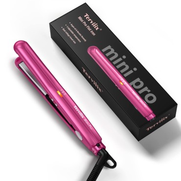 Terviiix Mini Flat Iron Adjustable Temperature, Travel-Size Mini Hair Straightener, Small Flat Irons for Short Hair/Curls Bangs, Ceramic Portable Tiny Hair Curler, Dual Voltage, Auto-Off, Pink, 1/2''