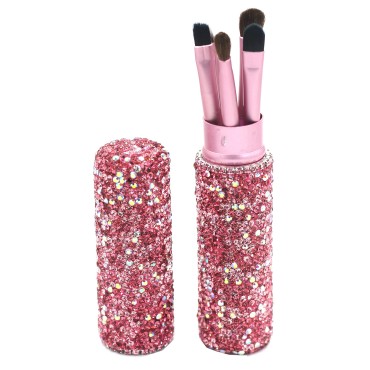 Bestbling Bling Bling Portable 5-Piece Makeup Brush Set for Eyeshadow and Eyebrows with Rhinestone Barrel Packaging (Pink)