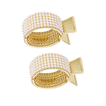 2 Pack Golden High Ponytail Hair Claw Clips Metal High Braids Clips Rhinestone Dress Up Hair Ring for Long Hair Horsetail Buckle Hair Ties Ponytail Hair Cuff Hair Bands (Pearl)