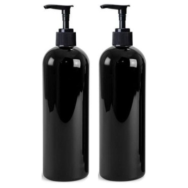 MountainLeaf 2 Pack 16 oz (475 ml) Slim Plastic PET Bottles with Black Lotion Pump Dispensers | Shampoo Lotion Soap DIY Bottles | Made in USA (Black Bottles)