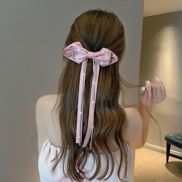 Elegant Rhinestones Hair Clip Big Bow Hairpins For Girls, Ribbon Long Tassel Rhinestone Headband Hair Clips Accessories French Design Barrettes Fashion Hair Styling Accessories (Pink)