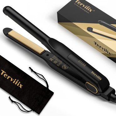 Terviiix Small Flat Irons for Short Hair, Pencil Flat Iron Hair Straightener for Edges, Mini Flat Iron for Pixie Cut & Touch Ups, Hair Straightener and Curler 2 in 1, Dual Voltage, 1/2
