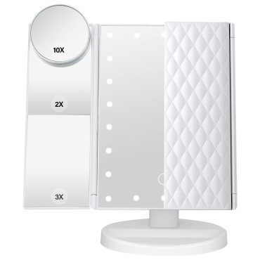 Makeup Mirror with Lights 1X 2X 3X 10X Magnification, Lighted Makeup Mirror for Desk, Touch Control, Tri-Fold Portable LED Make up Mirror, Two Power Supply Modes, White