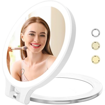 Wamoon Magnifying Mirror with Light, 10X 1X Double Sided Makeup Mirror for Desk, Portable Rechargeable Vanity Mirror with Adjustable Rotation, Personal Mirror for Bathroom