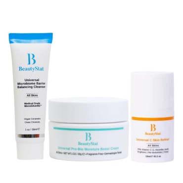 BeautyStat Brighten & Strengthen On The Go Kit - Featuring Universal Microbiome Barrier Balancing Cleanser, Universal C Skin Refiner & Pro-Bio Moisture Boost Cream - 3-Piece Travel Kit