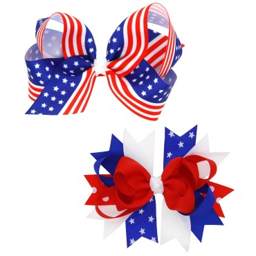 American Flag Hair Bow Clips For Girls,Baby Girls Women Hair Accessories for Independence Day Memorial Day,Flower Hair Accessories for 4th of July (2Pcs)