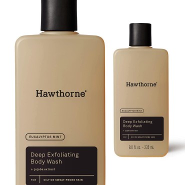 Hawthorne Men's Deep Exfoliating Body Wash. For All Skin Types. Deeply Cleanse and Moisturize with Natural Jojoba Extract. Mint and Eucalyptus Scent. Sulfate Free, Paraben Free, Cruelty Free. 8 fl. oz.