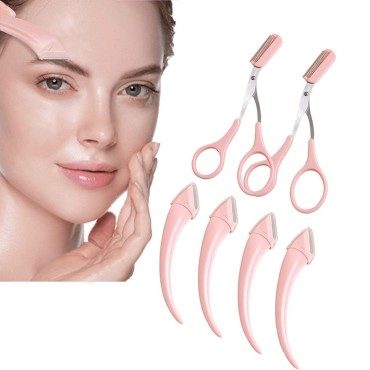 6PCS Eyebrow Trimmer Set, Eyebrow Scissors,Pink Eyebrow Scissors with Comb,Stainless Steel Eyebrow Razor Eyebrow Trimmer Scissors Tool,Beauty Eyebrow Scissors for Type Hair Removal Accessories Women