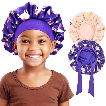 Lolalet 2 PCS Kids Bonnets for Girls, Silk Bonnet for Sleeping Reversible Satin Hat with Wide Elastic Band Night Sleep Caps for Teens Child Girls Curls Braids Natural Hair -Unicorn/Rainbow