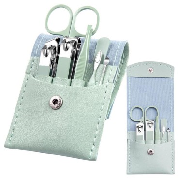 Manicure Set - 7 Pieces Professional Travel Nail Clippers with Green Leather Bag, Stainless Steel Nail Care Tools Grooming Kit for Women