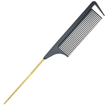 LLTGMV 9.3'' Rat Tail Comb for Hair Stylist, Parting Comb for Braiding hair, Rattail Comb with Metal Stainless Steel Pintail for Sectioning, Teasing and Styling (Black & Gold)