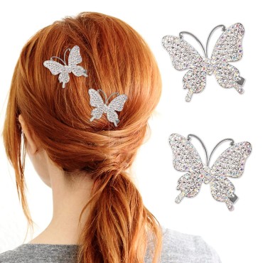 2Pcs Butterfly Hair Clips Butterfly Hair Clamps with Rhinestones Decorative Cute Hair Pins Hair Accessories for Women Girls (Silver)