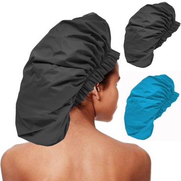ELEBOX 4 Pack Premium Collection Super Jumbo Shower Cap Extra Large Shower Caps for Braids Shower Bonnets Women Waterproof Hair Caps for Spa Salon Shower Hat (X-Large, Black,Blue)