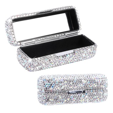 homfanseec Rhinestone Lipstick Case with Mirror, Bling Crystal Lipstick Case Diamonds Makeup Cosmetic Storage Box Lipstick Holder for Purse Ladies Fashion(Silver Color)