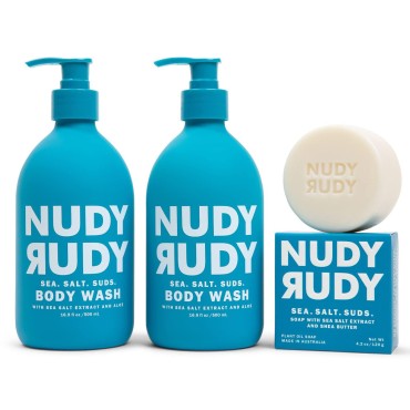 Nudy Rudy - Sea. Salt. Suds. - 2 Pack Liquid Body Wash Bundle + Bonus Soap Bar - Aloe Vera - Vitamin E - Moisturizing Shower Gel & Hand Soap - Skin Care - Men & Women - 16.9 fl. oz & 4.2 oz