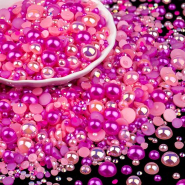 100g Flatback Pearls and Rhinestones Set 5-Rose Red&Pink, Mixed Size 3-10mm Resin Rhinestones and Half Pearls for Nail Art and Crafts and Decoration with Tweezer and Pickup Pencil
