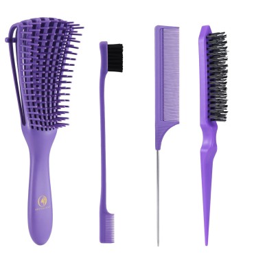 BRUSHZOO Hair Brush with Hair Styling Comb Set, Detangling Hair Brushes for Women Men Kids Curly Hair, HairBrush Set with Detangler Brush Teasing Hair Brush Rat Tail Comb Edge Brush (Purpe)