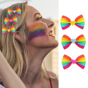 Jeairts Rainbow Bow Clips Multi-color Pride Day Hair Pins Lgbtq Clip Bow-knot Heart Hair Barrettes Love Headpiece Cute Holiday Costume Feativer Hair Accessories for Women and Girls(3 IN 1)