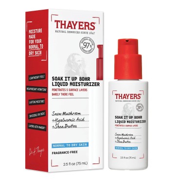 THAYERS Soak It Up 80HR Liquid Moisturizer, Face Moisturizer with Hyaluronic Acid and Snow Mushroom, Dermatologist Tested Skin Care for Normal to Dry Skin, 2.5 Oz
