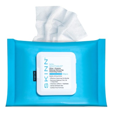 SKINN Facial Cleansing Makeup Remover Wipes - Hydrating Makeup Removing Cloths for Waterproof Mascara, Makeup, Oil, & Dirt - Disposable Face Towelettes that Gently Exfoliates, Cleanses, & Softens Skin
