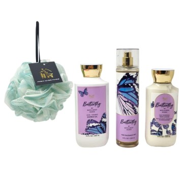 Fawn Over Finds 7pc Deluxe Butterfly Body Care Gift Set Includes Shower Gel - Fine Fragrance Mist - Body Lotion - Shower Loofah - Cello Bag - Gift Ribbon - Gift Tag