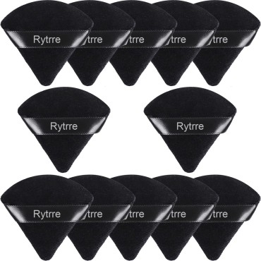 Rytrre 12 Pieces Powder Puff, Triangle Face Makeup Sponge Soft Velour Powder Puffs for Loose Powder Body Powder Cosmetic Foundation Beauty Sponge, Stocking Stuffers Gift for Women (Black)