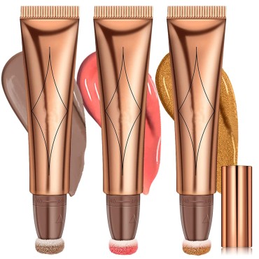 3PCS Body&Face Creamy Contour Beauty Stick,Face Blush Wand with Cushion Applicator,Shimmer Liquid Highlighter Makeup Stick,Long Lasting and Water-resistant Smooth Moisturize Gliding Face Makeup.#136