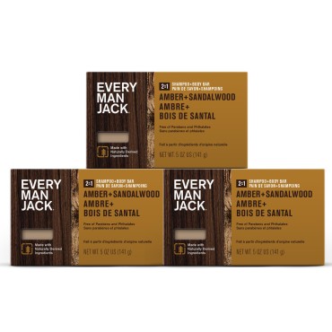 Every Man Jack Amber + Sandalwood Mens Soap Bar for Body and Hair with Shea Butter, Aloe Vera, and Glycerin to Clean, Hydrate, and Soothe Skin - Naturally Derived, Zero Harmful Chemicals - 3 Pack