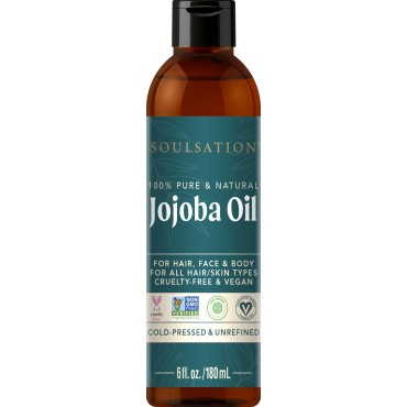 SOULSATION Non-GMO Jojoba Oil for Skin, Hair & Face (6oz) | 100% Pure, Natural Cold Pressed