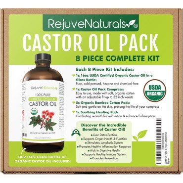 Castor Oil Pack for Liver Detox - 8 Piece Complete Kit. Includes 16oz Glass Bottle of Organic Castor Oil, Easy to use Castor Oil Compress with Adjustable Fit, 5 Soft Cotton Pads & Soothing Heat Pack..