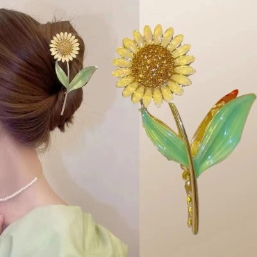 Women's SunFlower Hair Clips, Elegant NonSlip Hair Clips Fashion Flower Shaped Claw Clips, Nonslip Large Claw Hair Clamps Sunflower Style Hair Clips Accessories Long Thick Thin Curly Hair Gift for Girls