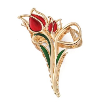 Red Tulip Flower Metal Hair Claw Clips, Airy and competent Large Hair Claw Nonslip Hair Barrettes Non-Slip No Broken Strong Hold Hair Clamps Fashion Hair Accessories for Woman With Long Thick Thin Curly Hair