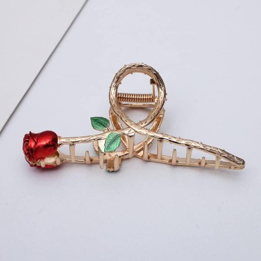Red Elegant Rose Metal Hair Claw Clips, Shark Clips Large Hair Claw Nonslip Hair Barrettes Non-Slip No Broken Strong Hold Hair Clamps Fashion Hair Accessories for Woman With Long Thick Thin Curly Hair