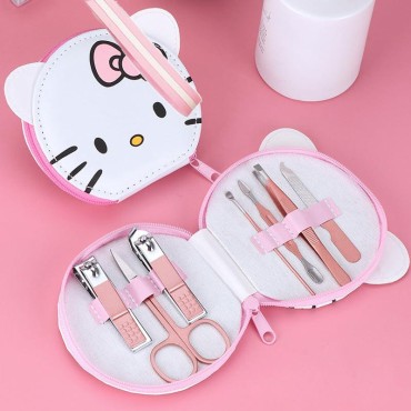 Vnsport Nail Clipper Travel Set, Hello, Kitty Cat 7 in 1 Stainless Steel Professional Nail Cutter Manicure Pedicure & Grooming Kits with Leather Case