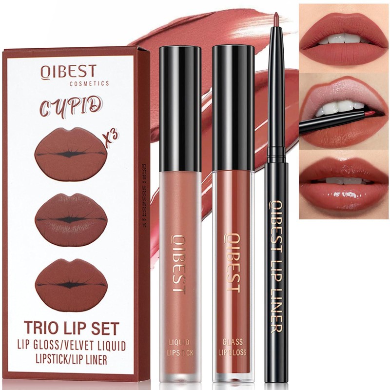 HOSAILY 3Pcs Lipstick and Lip Liner Set, Matte Nude Velvety Lipstick Moisturizing Shine Plumper Lip Gloss Waterproof Long Lasting Non-Stick Cup Lip Stain Lip pencil Makeup Gift for Women and Girls 02#