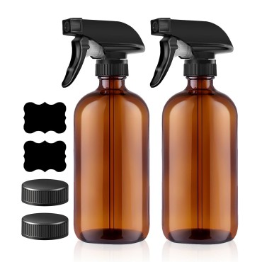 HE DAO 16oz Refillable Amber Glass Spray Bottles - 2 Pack - Ideal for Essential Oils, Plant Care, Cleaning Solutions, Hair Mist - Sturdy Nozzle with Fine Mist and Stream Settings