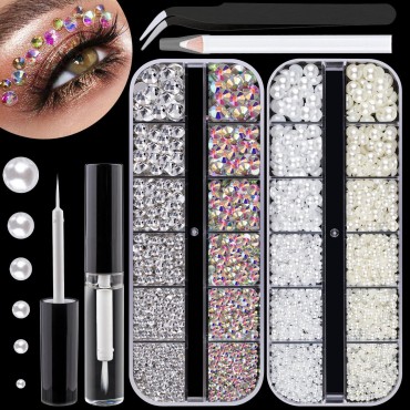2300pcs Face Gems Flatback Rhinestone for Makeup with Glue, Round Glass Crystal AB & Clear Rhinestones, Flatback White & Beige Pearls with Tweezer + Picker Pencil, Eye Jewels for Make-up, Nail Art