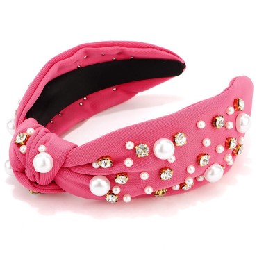 Knotted Headbands with Pearl Rhinestone Hot Pink Womens Headbands Wide Top Knot Headbands Beaded Headband Crystal Jeweled Head Bands Hair Embellished Headbands Non Slip Sparkly Fashion Hair Accessorie