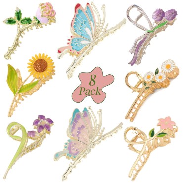 8 PCS Flower Butterfly Claw Clips Set | Large Metal Flower Hair Clip | Nonslip Hair Barrettes | Strong Hold Hair Clamps | Flower Hair Accessories for Woman Girls with Long Thick Thin Curly Hair