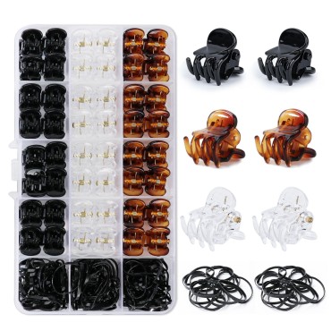 148PCS Mini Hair Claw Clips Set, 48PCS Durable Stronger Grip Small Hair Clips with 100PCS Elastic Hair Bands Design for Kids and Adult Hairstyles with Clear Grid Storage Box (Black Brown Clear)