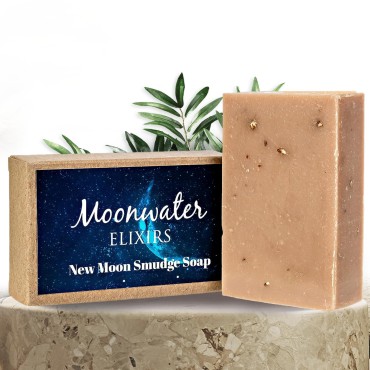 Moonwater Elixirs New Moon Smudge Soap - New Moon Infused, Powerful Manifestation Soap for New Beginnings, Amplify Your Desires with Lunar Magic and Clear Quartz Crystal Infusion- 1 Bar
