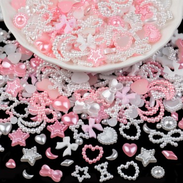 1200Pcs 3D Multi Shapes Nail Charms and Flatback Pearls, White&Pink Mix Styles Heart Star Bow Sunflower Embellishments for Nail Art, Craft and Decoration with Tweezer and Pickup Pencil