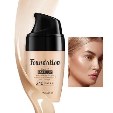 AKARY Flawless Finish Liquid Foundation, Moisturizer Long-Lasting Makeup Full Coverage Primer Face Makeup, Improves Uneven Skin Tone, Pore Minimizer, Lightweight, Tan Color, 1.06Fl Oz (240 Natural Color)