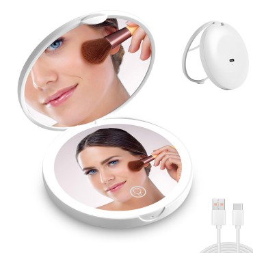 CORROY Led Travel Makeup Mirror 1x/2x Magnifying Compact Mirror with Light USB Rechargeable Small Pocket Mirror Dimmable Portable Makeup Mirror for Handbags Purses Pockets Gifts for Girls White
