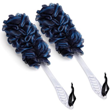Qewro 2Pack Back Scrubber for Shower, Dual-Sided Loofah on a Stick as Shower Brush Exfoliating Body with Long Handle, Loofah Sponge Mens Loofah Bathing Accessories for Women (2Pack Navyblue)